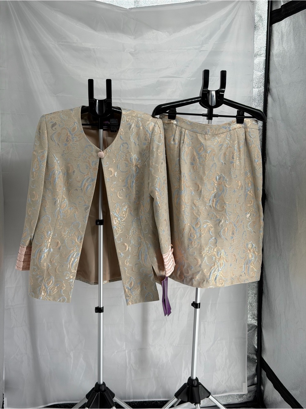 S.O.G.I.C Linen Beaded Church 2PC Metallic Blue & Silver Skirt Suit 16 NWT Women